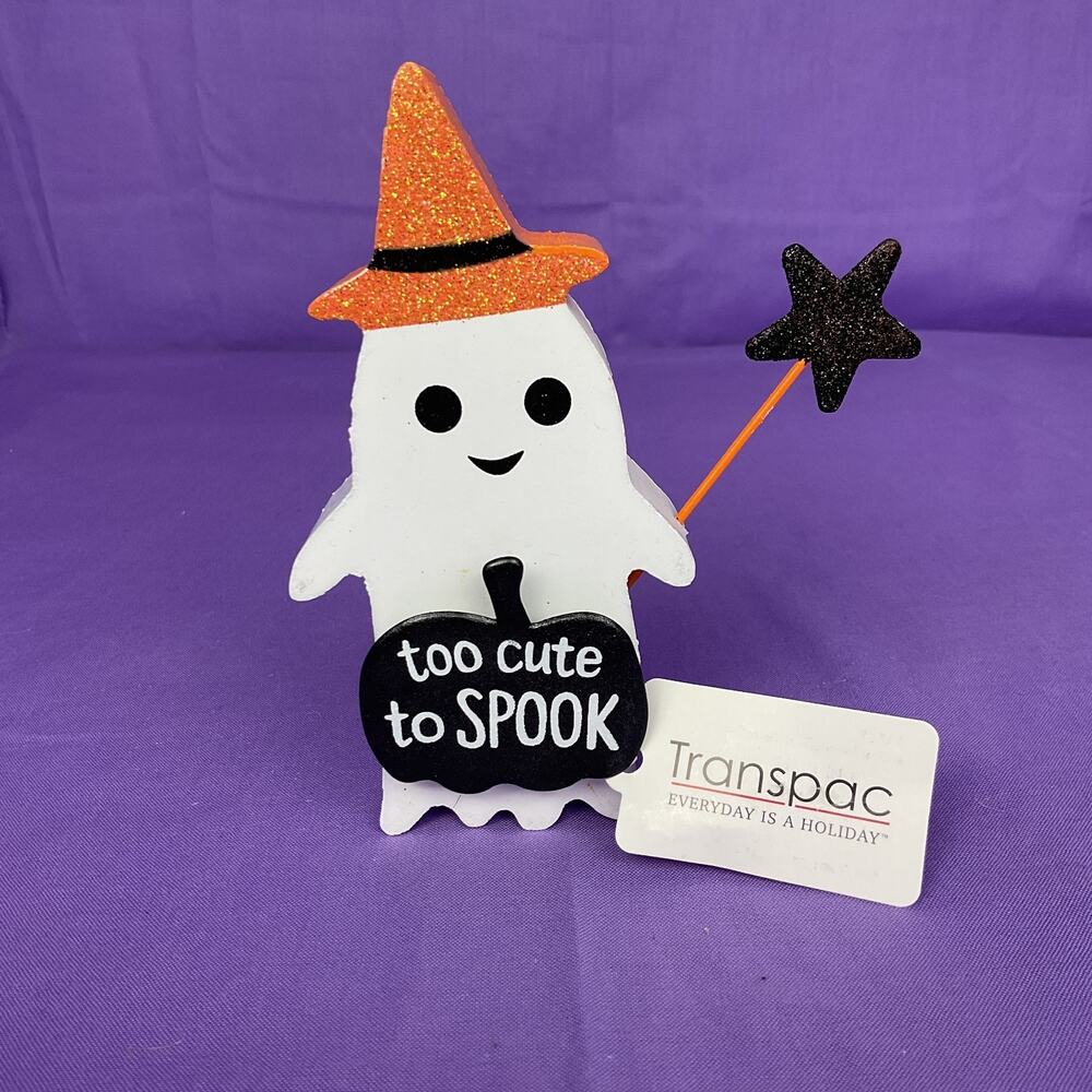 Halloween Witch Ghost Wood Shelf Sitter - Orange Glitter Hat & Black Star Wand